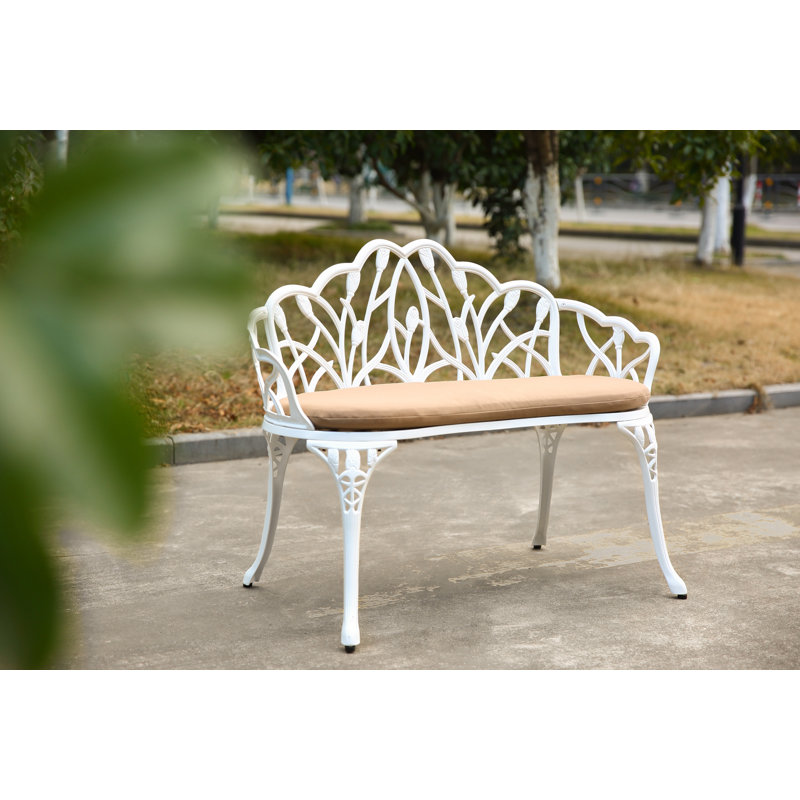 Tulip Patio Garden Bench Metal Park Bench Cast Aluminum Outdoor Furniture with Floral Rose for Patio,Park,Lawn,Yard with cushion