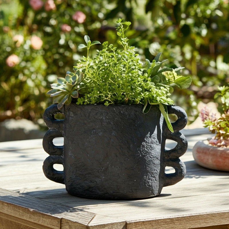 Cement Arch Handle Planter, Black, 5" H x 8" W x 5.50" D