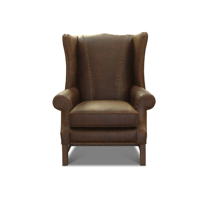 Fauteuil à oreilles en cuir véritable de 36 po de largeur Rodolfo, Crocodile (usiné à la main), Espresso