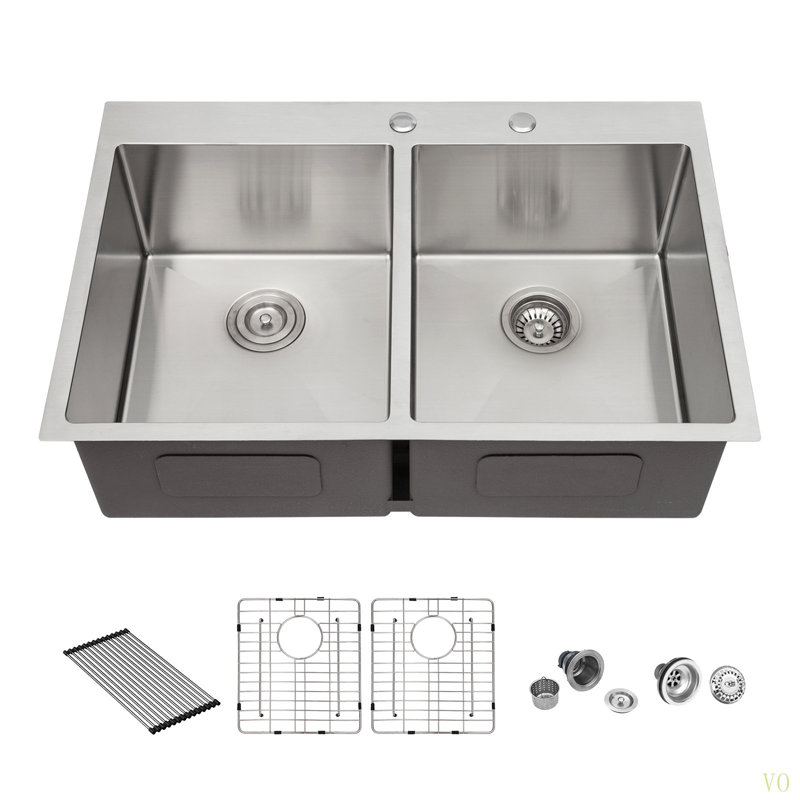 Évier de cuisine à double cuve (50/50) encastré - 33 po x 22 po x 10 po en acier inoxydable de calibre 16 avec deux cuves profondes de 10 po