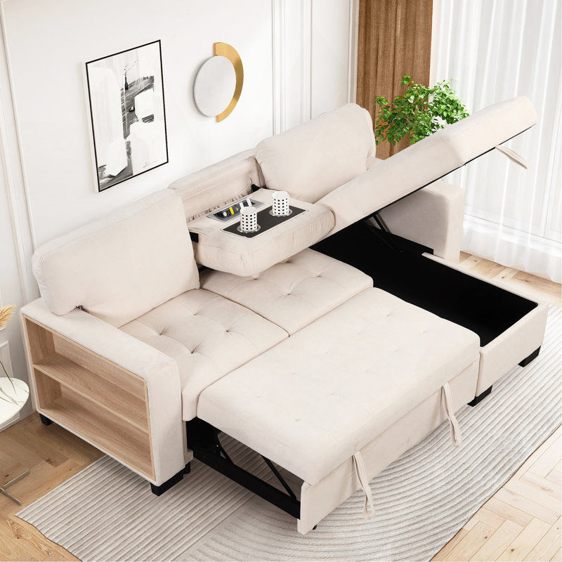 Méridienne modulaire élégante et fonctionnelle avec support escamotable, table rabattable et chargeur USB beige