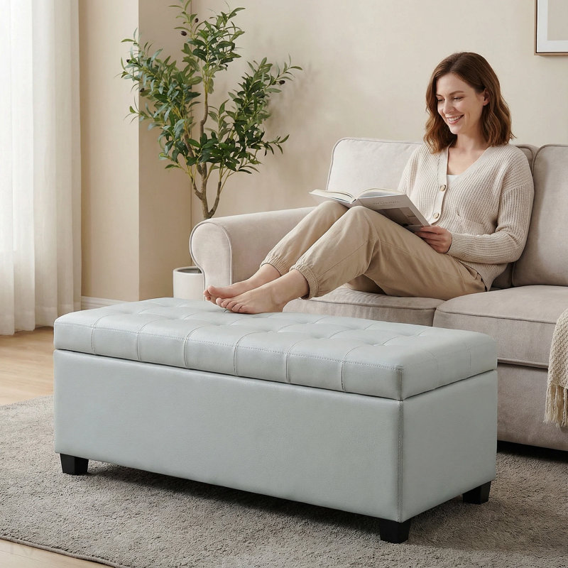 Repose-pieds capitonné avec rangement, tissu en polyester - bleu bébé