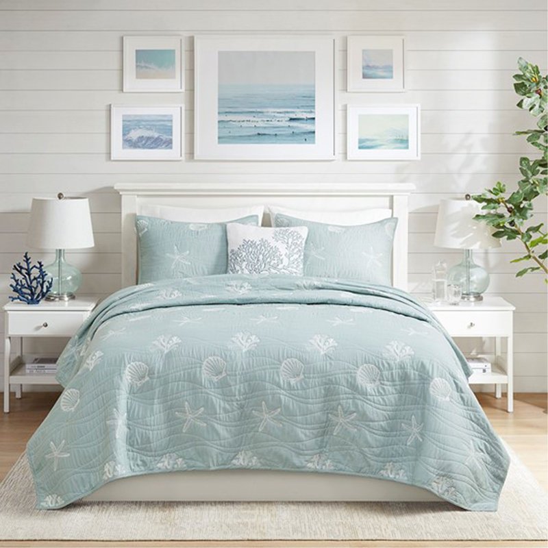 Ensemble de courtepointe brodée réversible en coton 4 pièces avec coussin décoratif double / grand turquoise