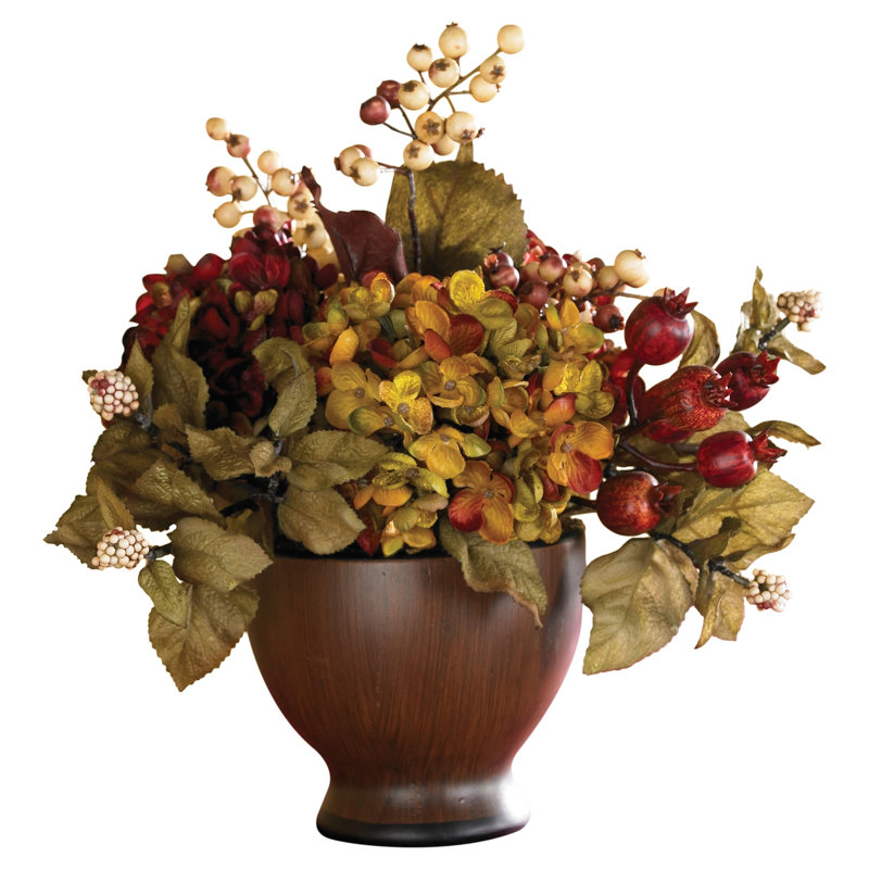 Arrangement en soie d'automne Hortensia avec vase rond