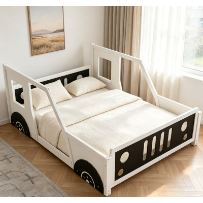Lit plateforme double classique en forme de voiture avec roulettes, bois de pin robuste et panneau de fibres à densité moyenne, idéal pour les chambres d'enfants et les décorations ludiques