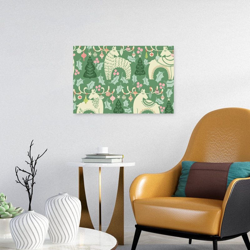 Festive Folk Reindeer Pattern Abstract Christmas Tree Deer Winter Landscape Wall Art Print by Annick - Wrapped Canvas Print