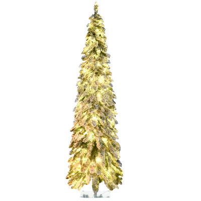 6ft Downswept Prelit Pencil Artificial Christmas Tree: 407 Snow Flocked Branches, 250 Warm White/Colorful LED Lights for a Festive Touch