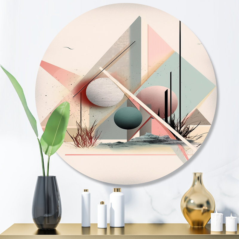 Mid Century Pastel Mountains II - abstrait géométrique, art mural rond sur métal, H 16 po x l 16 po x P 1 po