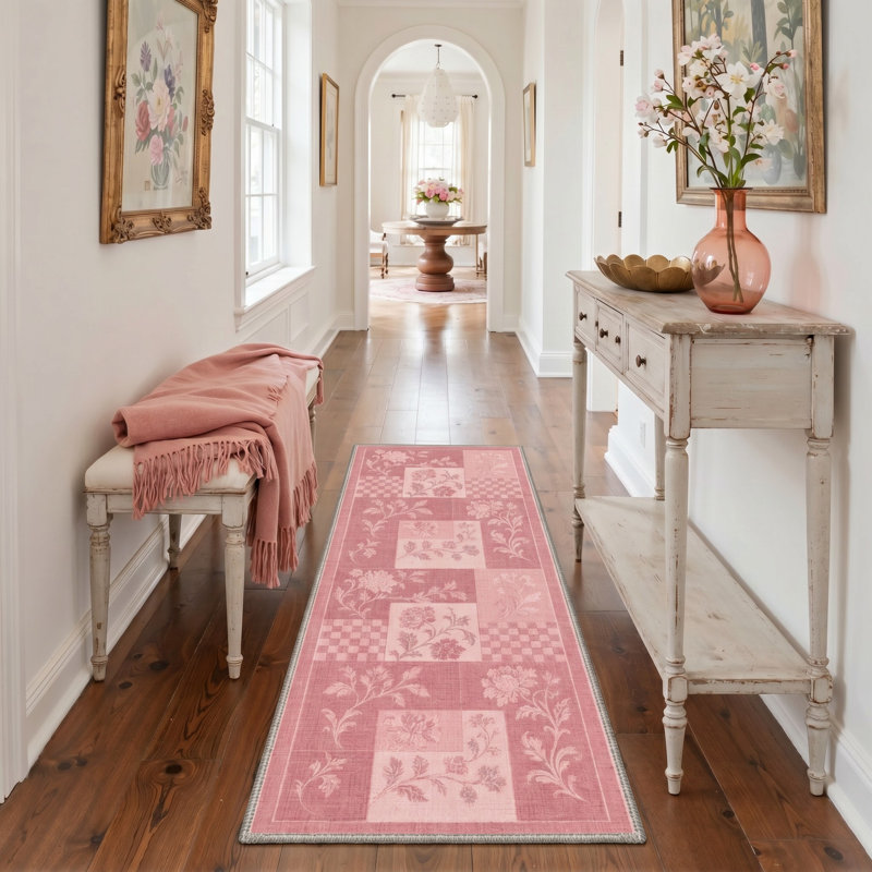 Tapis rose / ivoire en patchwork lavable à la machine avec envers antidérapant, Tapis de couloir de 2 pi x 7 pi