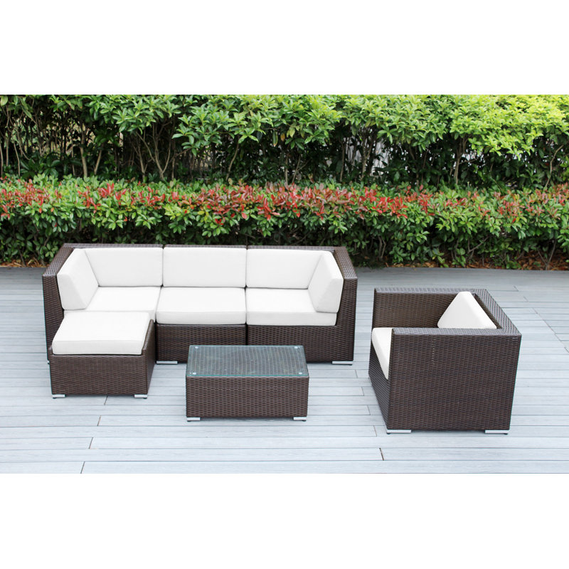 Ensemble de conversation en osier pour 5 personnes avec coussins Lumini, Sunbrella naturel, Toile toile Sunbrella® charbon