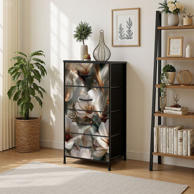4 Drawer Vertical Storage Dresser Dreamy Botanical Garden Motif with Wood Top Fabric Pull Drawers