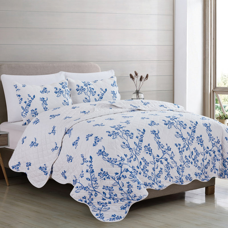 Blue Floral Twin Microfiber Reversible Quilt Set