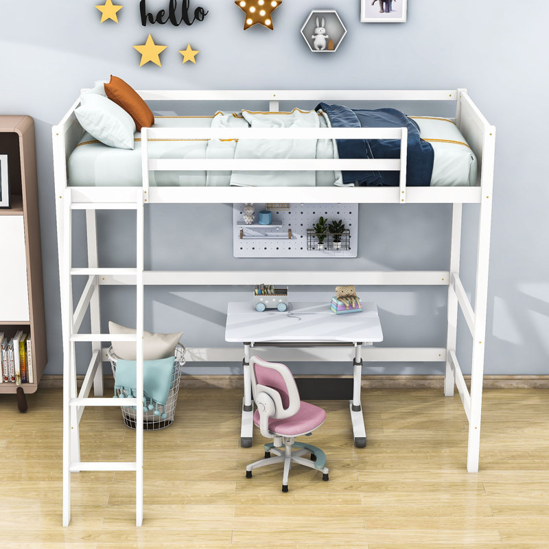 Lit mezzanine simple en bois avec échelle, Blanc