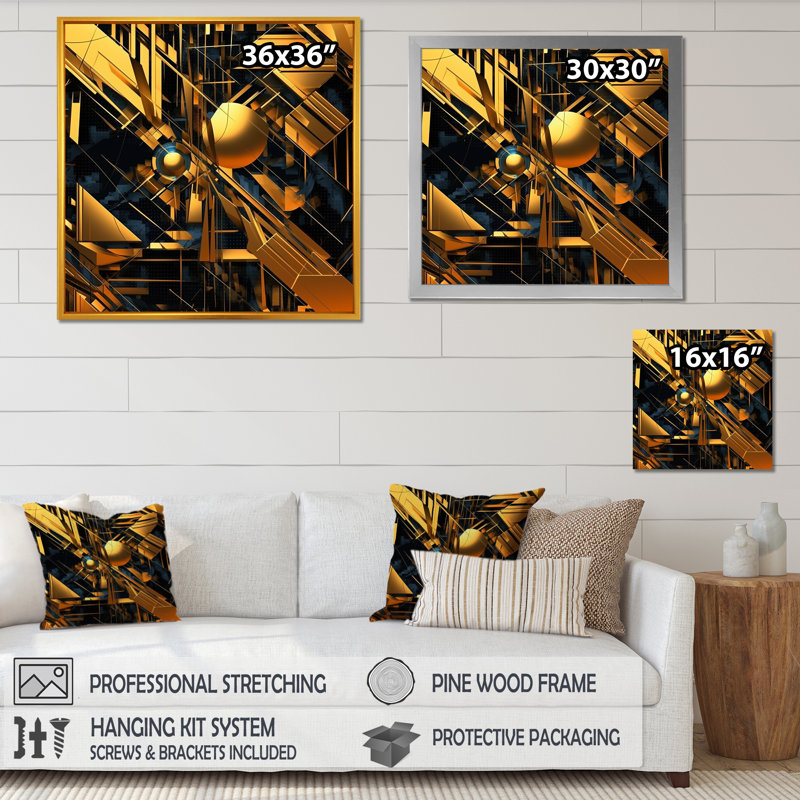 «Sharp Gold and Black Geometric Wonders III», reproduction sur toile encadrée, Cadre simple noir, H 16 po x l 16 po x P 1 po