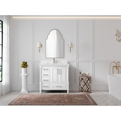 Aberdeen 36 In. W X 22 In. D Center Sink Bathroom Vanity With Cove Edge Calacatta Laza Quartz