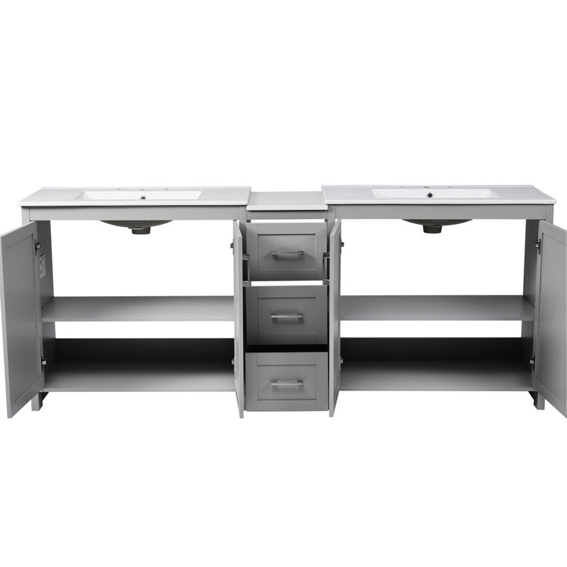 Meuble-lavabo double 84 po de 84 po, teinté gris, offrant 2 lavabos en céramique, un comptoir en quartz, 3 tiroirs de rangement, une tablette personnalisable et des poignées de corrosion de 84 po avec surface, tablettes et profondeur