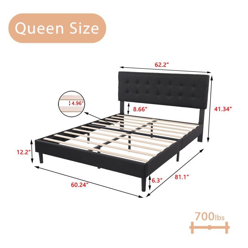 Modern Square Button Upholstered Platform Bed, Queen, Black