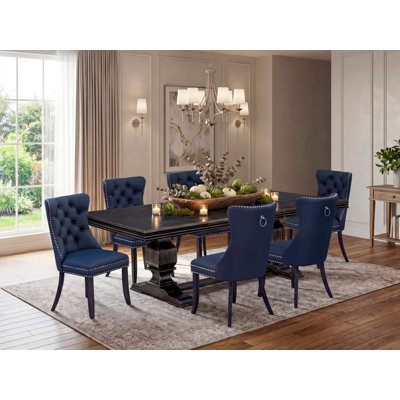 7-piece dining room set includes a rectangular table and 6 Navy Blue Polyester fabric parson Chairs with Button Tufted Chair Back - Sand Blasting Black Finish.