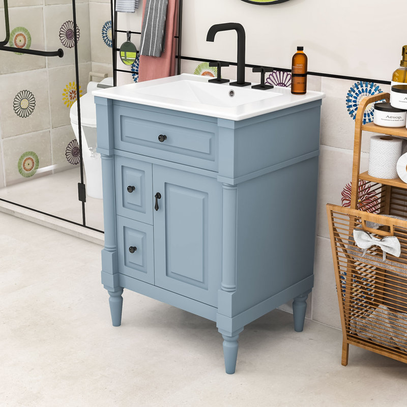 Meuble-lavabo autoportant avec lavabo, rangement réglable, Bleu/gris