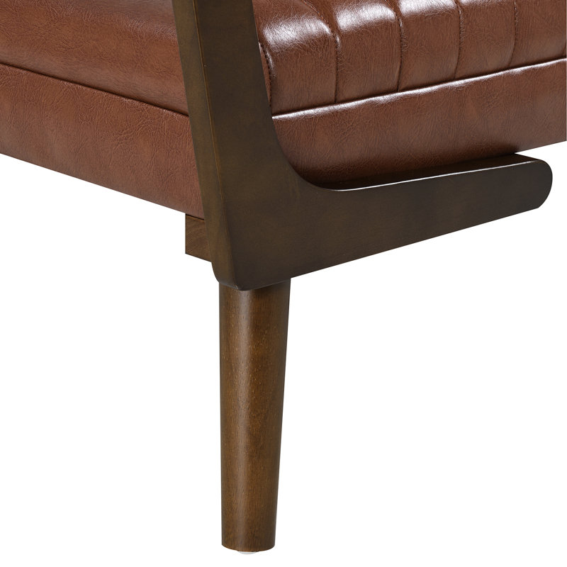 52-Inch Bench With Walnut Wood Legs, Mid Century Style, Upholstered In Pu For End Of Bed 52" Dimensions, Cognac Entryway