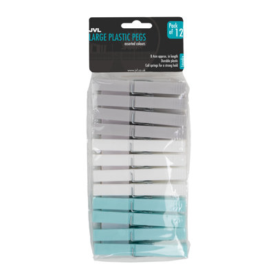 Pegs - 12PK Large Plastic Pegs - Assorted Grey, White and Aqua