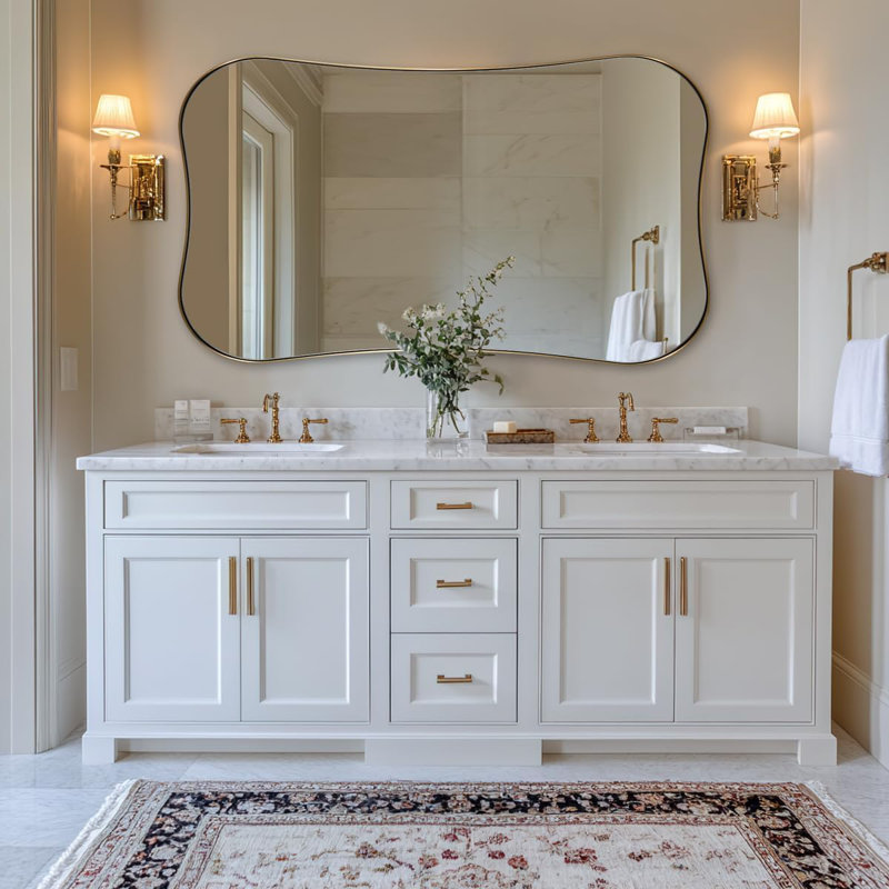 Contemporary Dual Concave Edge Scalloped Rectangle Bathroom Vanity Mirror | Stainless Steel Frame, Brushed Gold, 48" x 28" 
