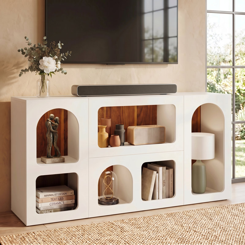 Meuble télé de 59 po de hauteur avec rangement ouvert pour téléviseurs de 65 po, console de télévision avec 6 casiers de rangement, centre de divertissement arqué moderne pour les salons et les chambres à coucher