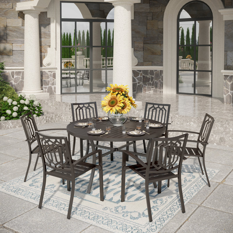 Ensemble de salle à manger 7 pièces pour grande terrasse avec chaises noires thermolaquées