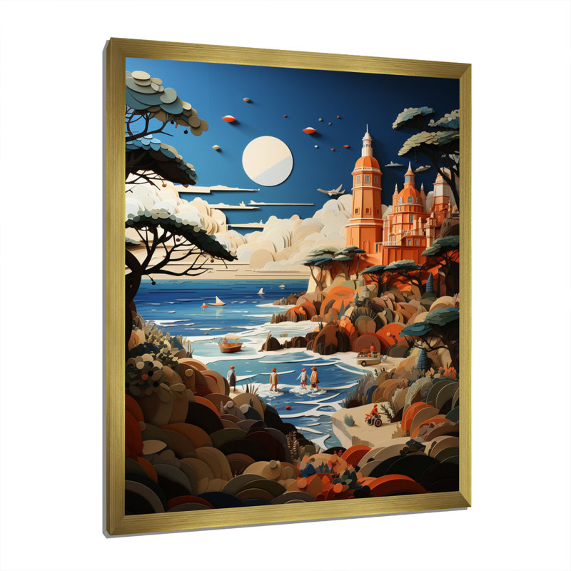 «Coastal Seaside Adventure Papercut I», reproduction sur toile, H 44 po x l 34 po x P 1,5 po, Encadrement doré