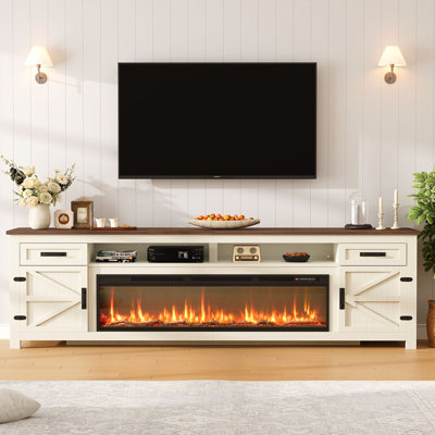 Meuble télé 95 po avec foyer électrique intelligent de 60 po, meuble télé pour téléviseur de 100 po ou moins, console multimédia en bois avec Wi-Fi et contrôle des applications, tiroirs de rangement et armoires
