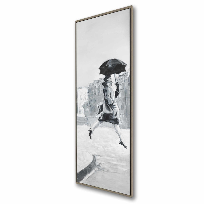 «Woman in the Rain», art sur toile encadré monochrome gris, H 49,25 po x l 17,25 po