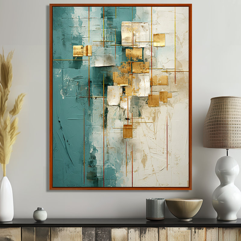«California Sunshine Retro Abstract Gold Teal», reproduction d'art sur toile, H 20 po x l 12 po x P 1 po, Cadre flottant brun