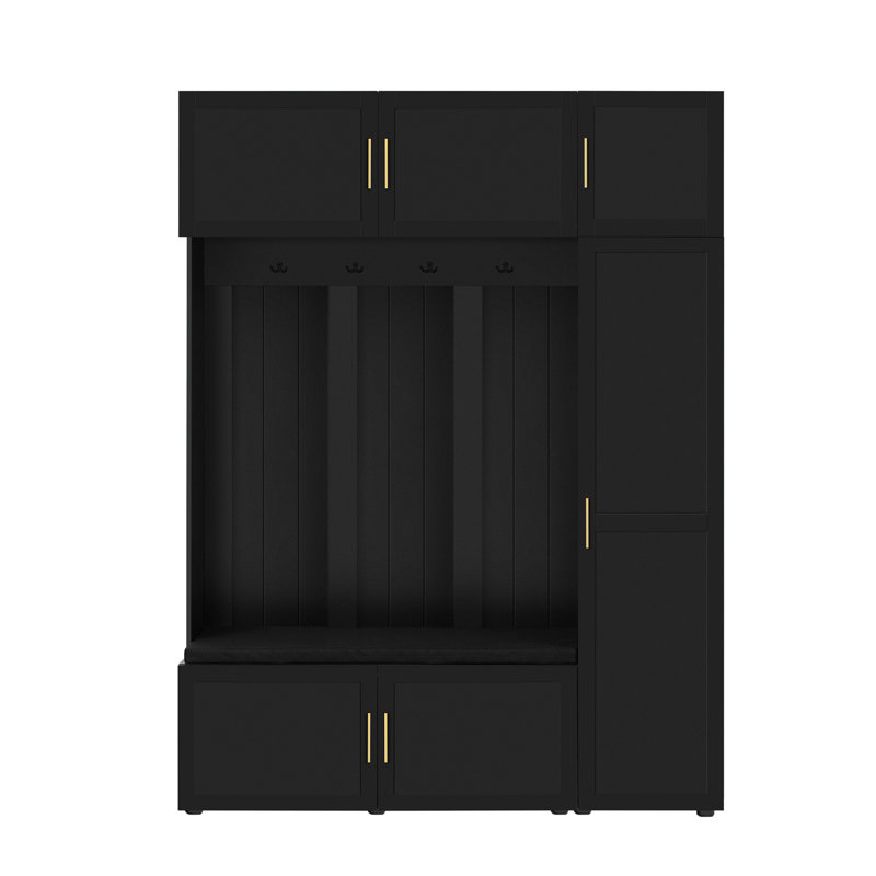 U-Can American Style 4-in-1 Hall Tree with Padded Bench, 4 Hooks, and Multi-Tier Storage Shelves, Antique Black