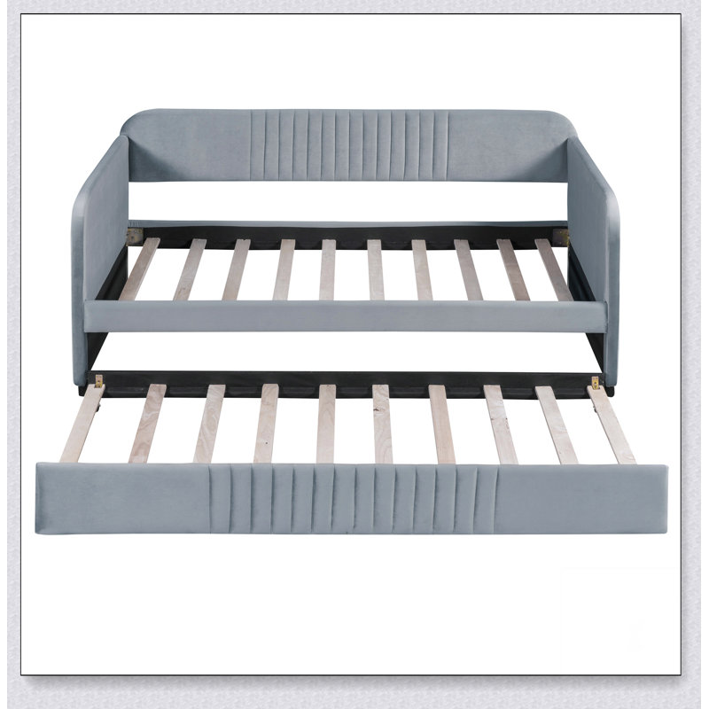 Upholstered Daybed Sofa Bed Twin Size With Trundle And Wood Slat, Gray