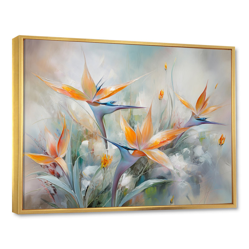 Oiseaux de paradis beige et orange I - impression, Cadre flottant doré, H 16 po x l 32 po x P 1 po