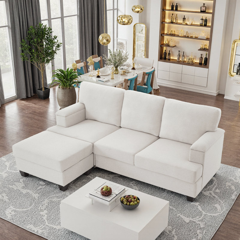 Canapé moderne en L beige avec repose-pieds et rangement modulaire, Lin beige