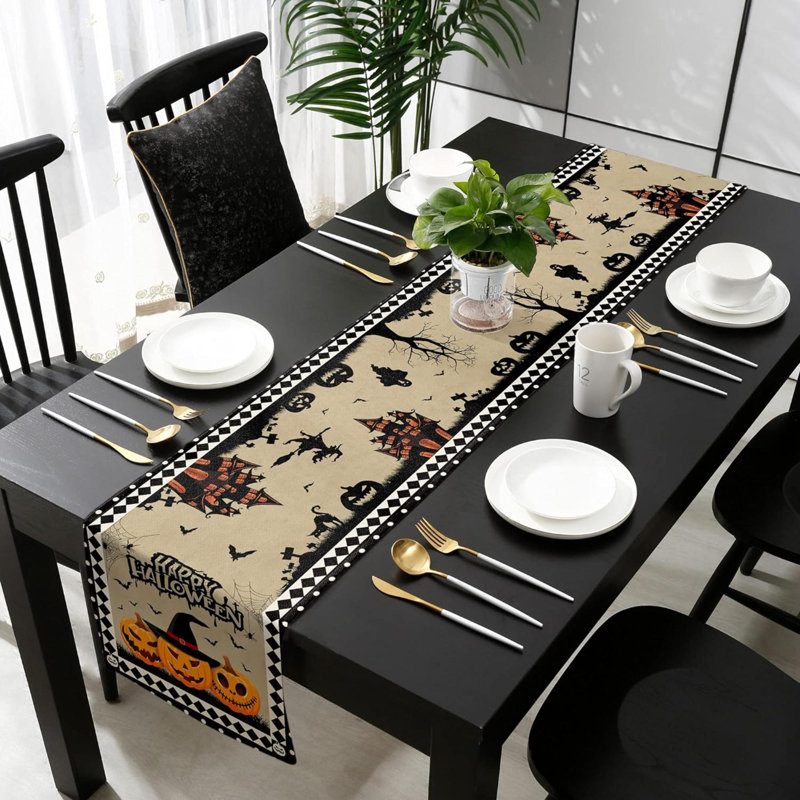 Halloween Table Runner - 90 Inch Long, Haunted House Pumpkin Table Runner Kitchen Dining Dresser Scarves, Taupe Checkered Happy Halloween Decor For Coffee Table Holiday Party Banquet