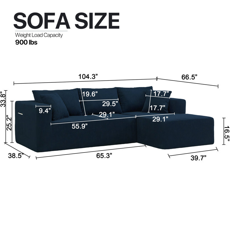 Latitude Run® 107" L-Shaped Sofa Couch, Modular Sectional Living Room Sofa Set,Corduroy,No Assembly,, Blue