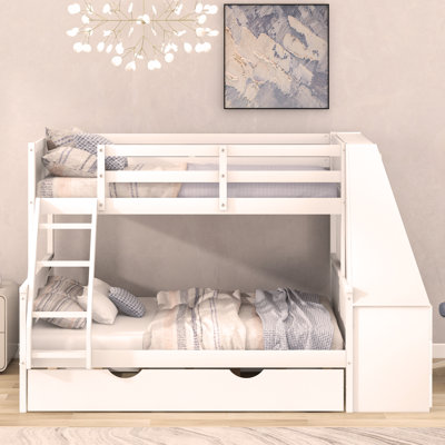 Twin Bunk Bed With Trundle And Built-In Desk, Three Storage Drawers And Shelf,White