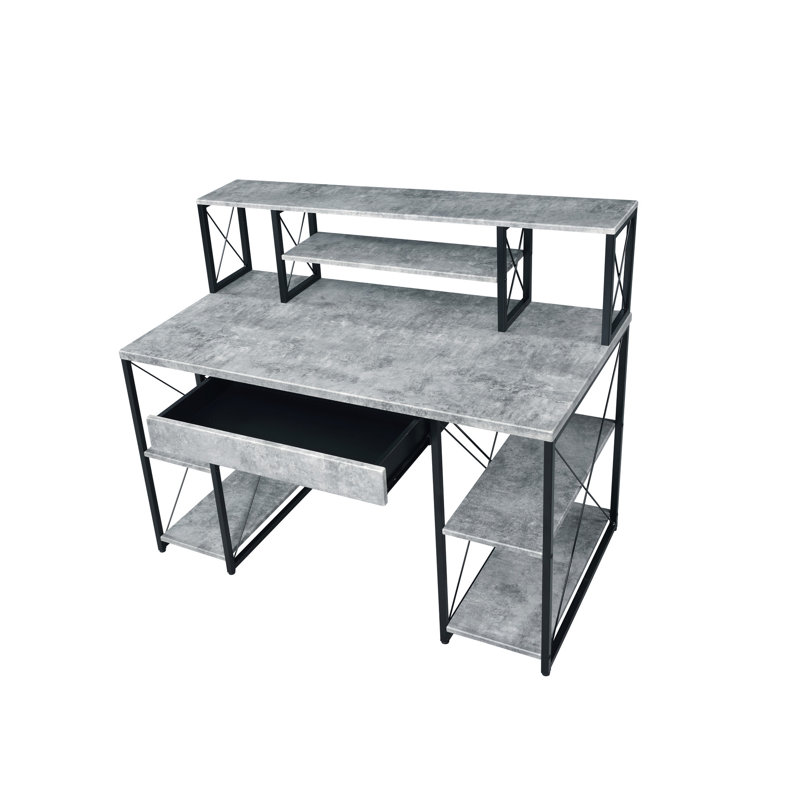 Bureau moderne gris avec tablettes et tiroirs - Design élégant et fonctionnel avec compartiments ouverts polyvalents pour des tâches créatives
