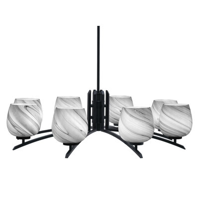 Kurve 8 Light Chandelier Shown In Matte Black Finish With 6" Onyx Swirl Glass