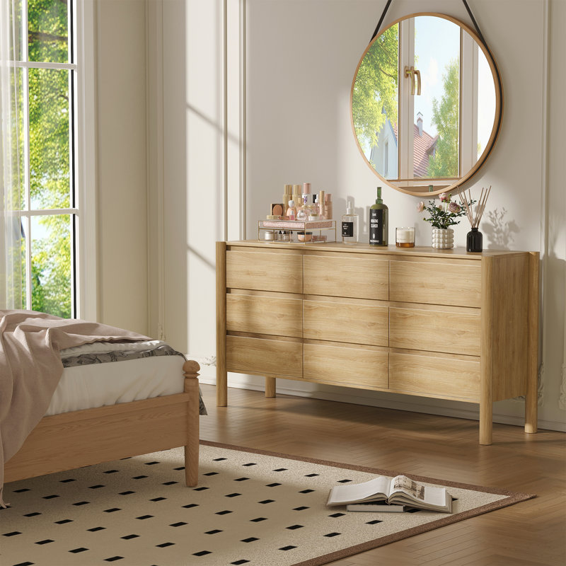 Commode 9 tiroirs 63 "avec pieds en bois massif pour chambre à coucher, salon, chêne, Beige
