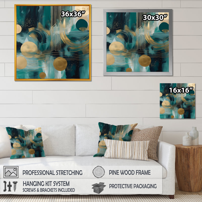 Vivid Emeral and Gold Contours Circles I - Abstract Shapes, art mural, Toile tendue, H 30 po x l 30 po x P 1,5 po