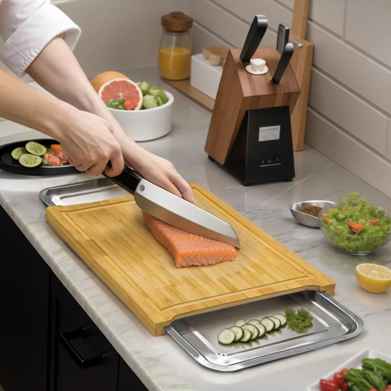 Durable And Eco-Friendly Bamboo Chopping Board With Sliding Stainless Steel Trays - Large Organic Wooden Cutting Board