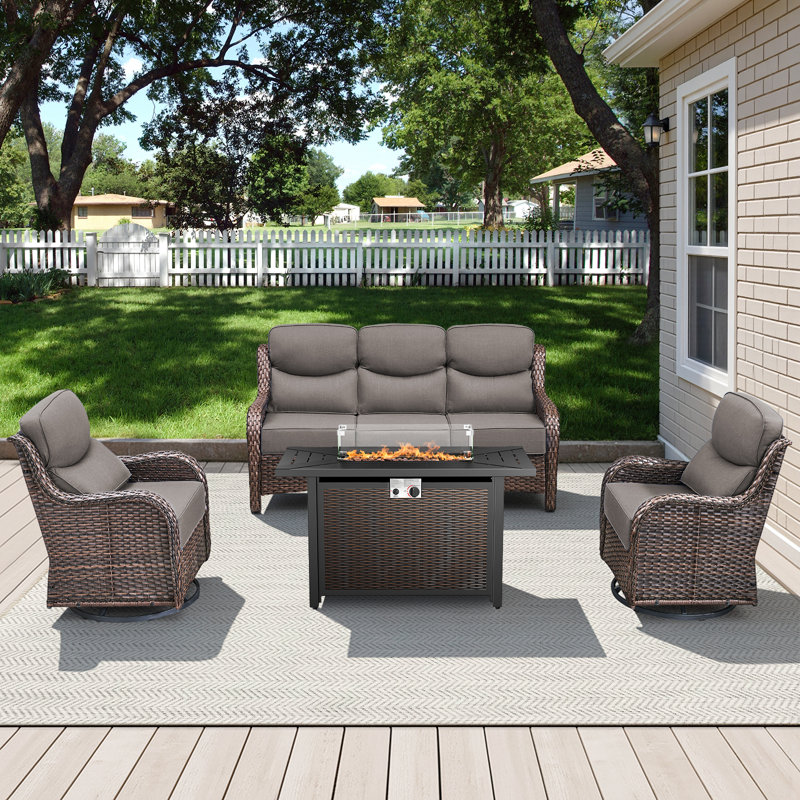 Outdoor Patio Wicker Sofa Conversation Set With Swivel Chairs And Fire Pit Table, Brown, Gray