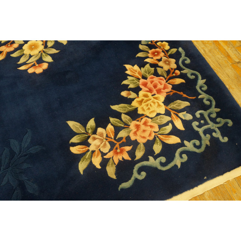 Antique Blue Color Floral Design Chinese Art Deco Wool Pile Rug