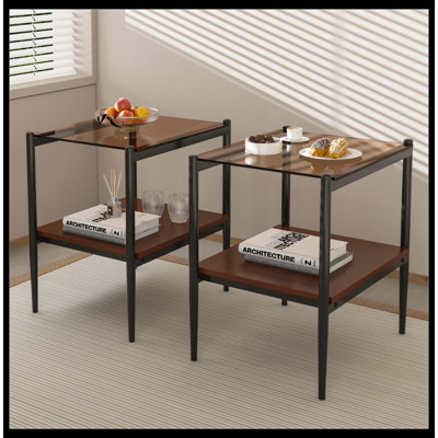 Ensemble de 3 tables basses et tables de bout, table en verre trempé avec panneau de fibres à densité moyenne, tables modernes pour le salon, verre brun
