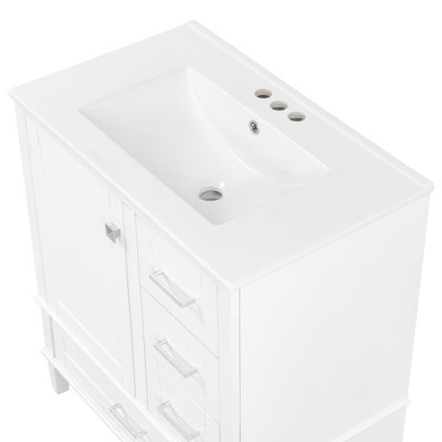 Ensemble de meuble-lavabo moderne 30 po avec meuble-lavabo 30 po, ensemble de rangement pour salle de bain avec 1 porte à fermeture douce et 3 tiroirs à fermeture douce, cadre en bois massif (blanc)