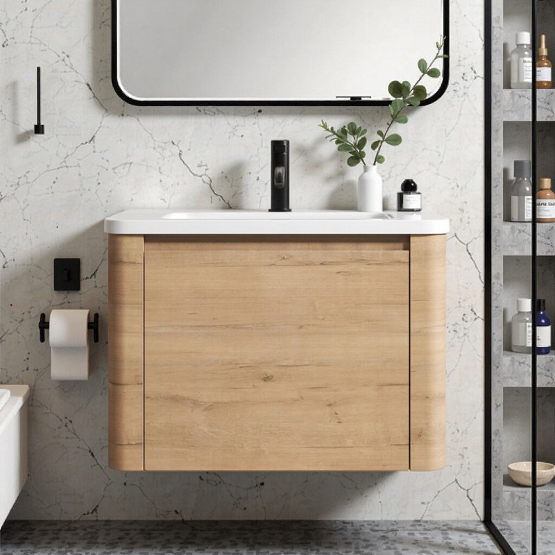 Meuble-lavabo flottant mural de 28 po avec lavabo en céramique, porte à fermeture en douceur et armoire de rangement, meuble-lavabo moderne en contreplaqué ORVICA