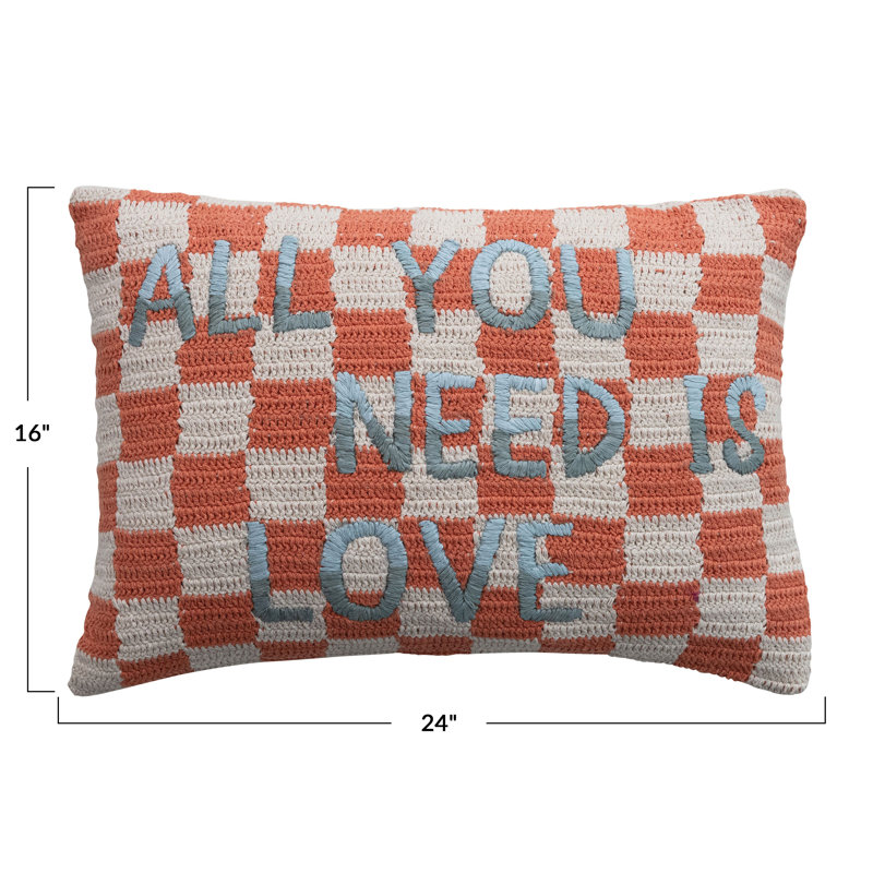 Crocheted Check Lumbar Pillow, Orange/White Checkered
